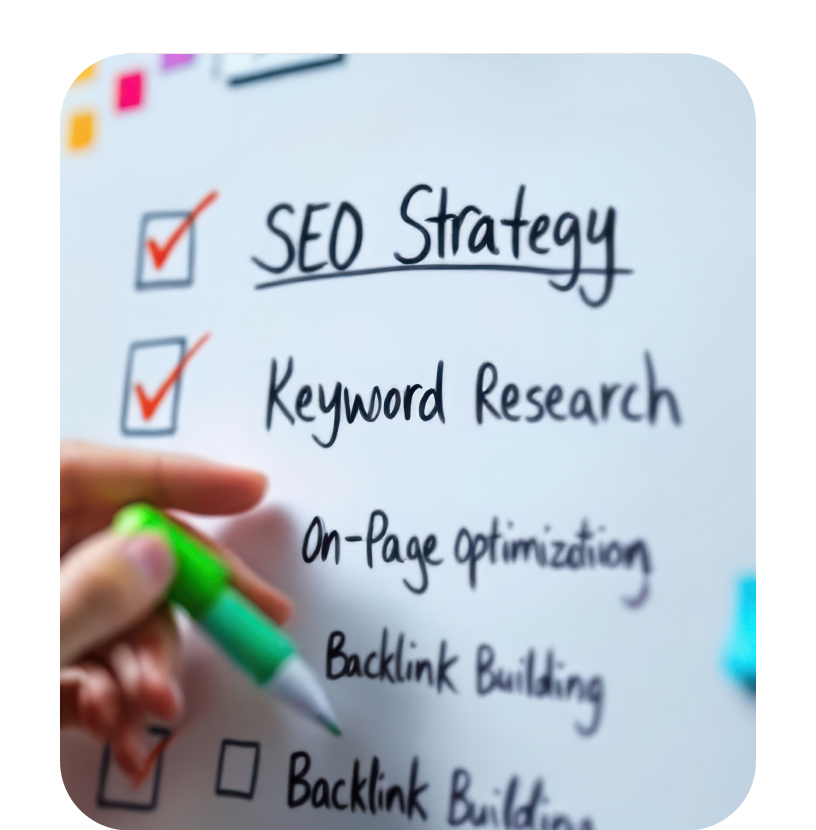 Whiteboard with SEO strategy checklist showing keyword research and on-page optimization